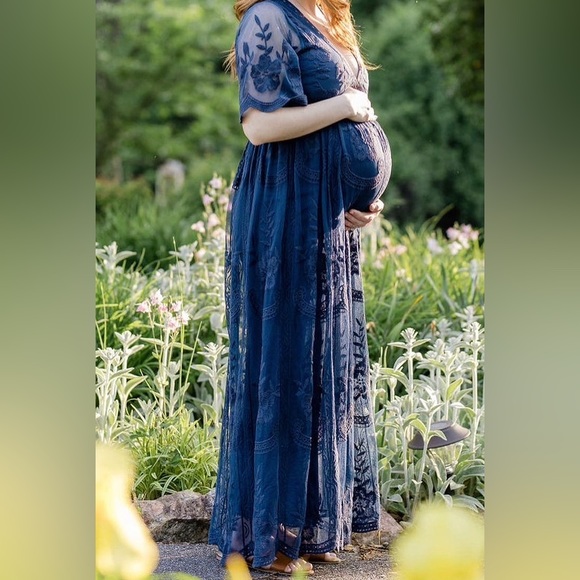 PinkBlush Navy Blue Lace Mesh Overlay Maternity Maxi Dress - Small - Picture 2 of 3